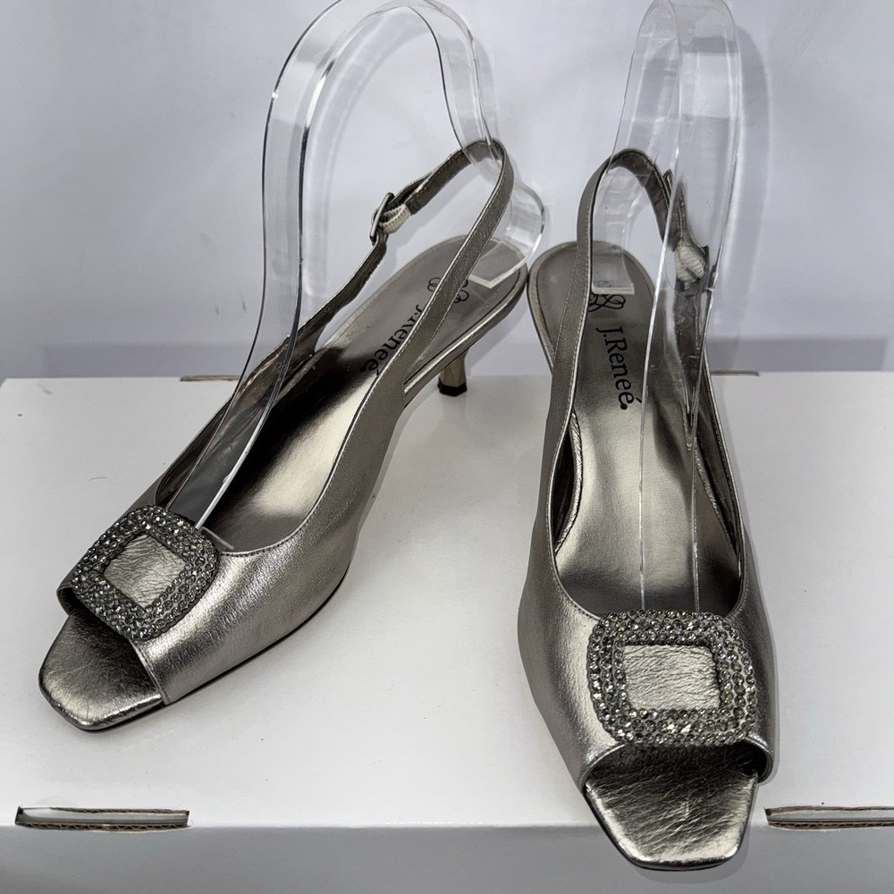 J. Renee Classic Silver Peep Toe Silver Metallic Slingback Kitten Heels Size 7 N - Picture 3 of 16